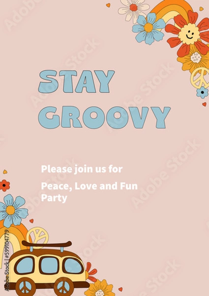 Obraz Template with daisy flowers, retro car and rainbow for groovy party, birthday invitation, flyer, retro poster. Space for text. Vector illustration.