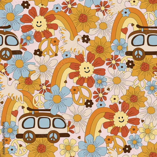 Obraz Seamless pattern with retro car, daisy flowers and rainbow. Groovy vibes. Vector illustration.
