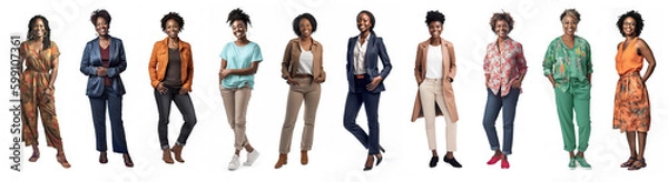 Fototapeta Group of full body black women all with different ages, sizes, hairstyles, clothing, separately isolated on a white background. Illustration created with Generative AI technology.