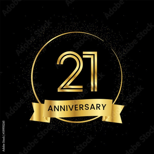 Fototapeta 21 years anniversary inside a golden circle and glitter spread on a black background. Golden number anniversary