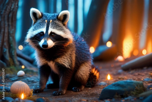 Fototapeta cute young racoon animal sitting in a magical forest with candel light around it, background with moss and trees. generative ai illustration