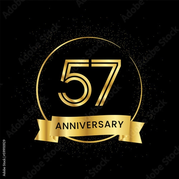 Fototapeta 57 years anniversary inside a golden circle and glitter spread on a black background. Golden number anniversary