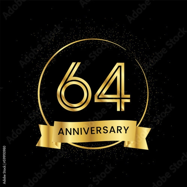 Fototapeta 64 years anniversary inside a golden circle and glitter spread on a black background. Golden number anniversary