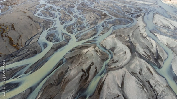 Fototapeta Glacial Rivers from Above, Aerial View of the River Streams from Icelandic Glaciers. Beautiful Art of the Mother Nature Created in Iceland. Wallpaper Background 