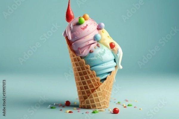 Fototapeta Colored ice cream cone on blue background, digital illustration. Generative AI