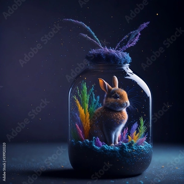 Fototapeta galaxy environment, Capturing A whimsical, a small rabbit baby, winter spring wind rainbow a sprinkle of edible glitter in an unopenable dream magical jar, , ultra details, colorful light