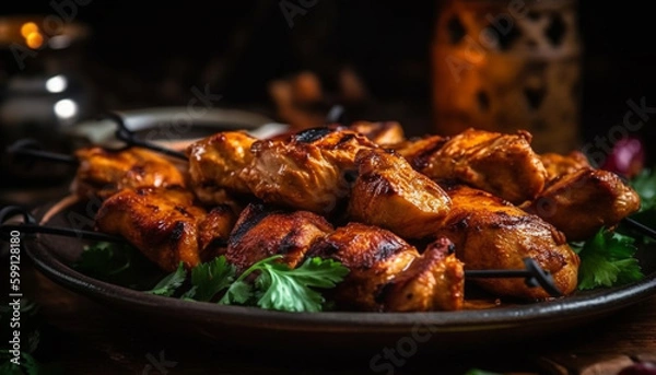 Fototapeta Grilled chicken skewers with fresh vegetables and spices generated by AI