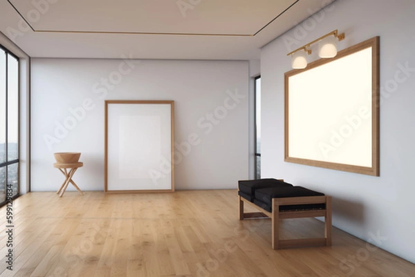 Fototapeta room with a large window and wooden floor. Generative Ai
