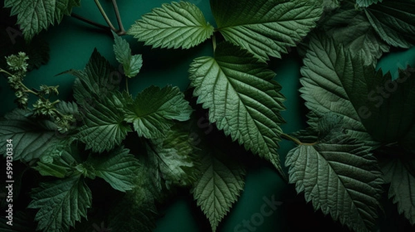 Fototapeta green leaves and green plants on a dark background. Generative Ai