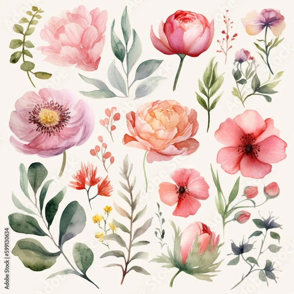 Fototapeta  set of flowers and leaves painted with watercolors. Generative Ai