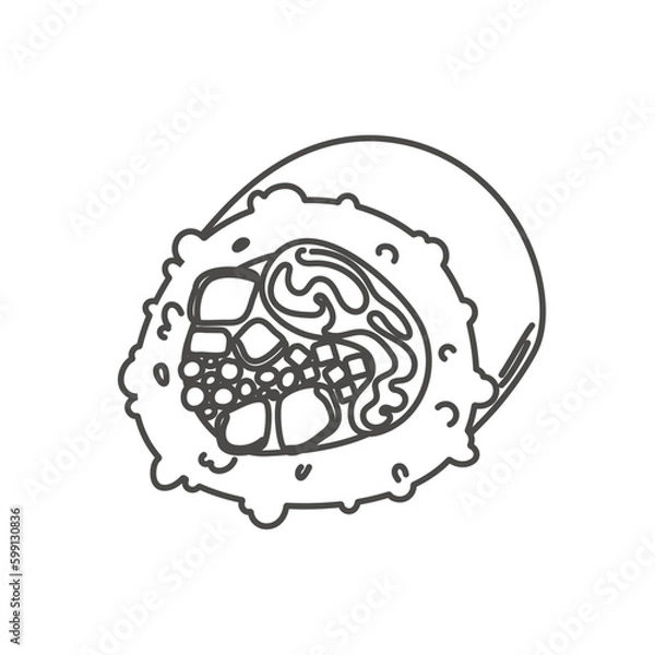 Fototapeta doodle sushi roll with sesame, japanese food. Sushi roll cartoon style icon. isolated on white background. Vector cartoon sushi. logo, icon. Hand draw style sushi rolls. asian food