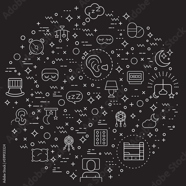 Fototapeta Simple Set of sleep and sound Related Vector Line Illustration. Contains such Icons as insomnia, bed, time, zzz, moon, cloud, alarm, clock, pillows and Other Elements. 