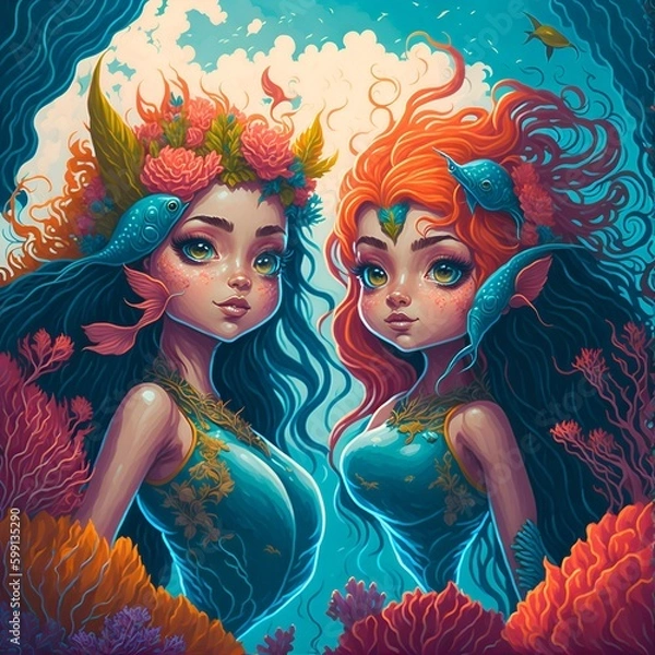 Fototapeta Aqua and Marina, Two mischievous mermaid sisters . The sun was setting , a beautiful coral reef with colorful fish and waving seaweed.