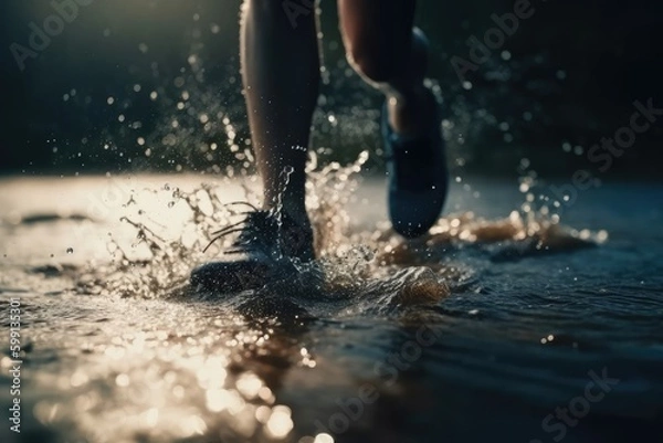Obraz Runner Jogging Through Water Backdrop Generative AI