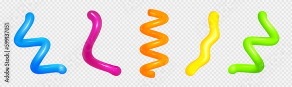 Fototapeta Realistic set of colorful 3D spiral lines isolated on transparent background. Vector illustration of abstract curvy design elements, glossy plastic tubes with paint inside, creative zigzag decor