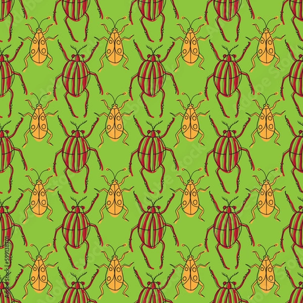 Fototapeta Vector beetles and bugs seamless repeat pattern design background. Digital Textile Print. Vector illustration