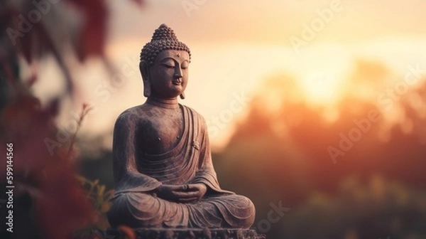 Fototapeta Buddha statue on sunset background.Generative Ai