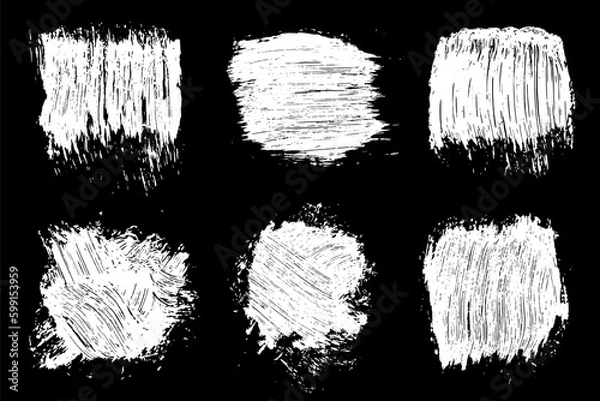 Fototapeta Set of scribble hand drawn in chalk on black background. Shabby white texture. Monochrome stain element. Rusted effect. Digitally generated image. Vector illustration, Eps 10.