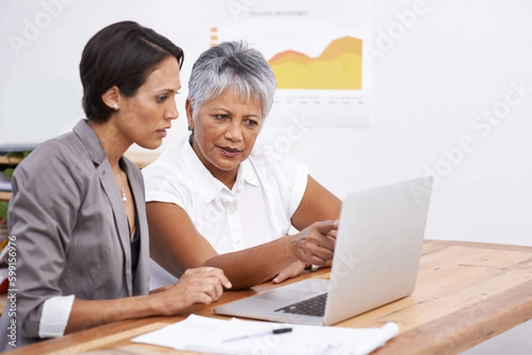 Obraz Focus, teamwork and business women on computer in digital analytics, data analysis or review online report. Professional people reading results on laptop for seo planning, solution or problem solving