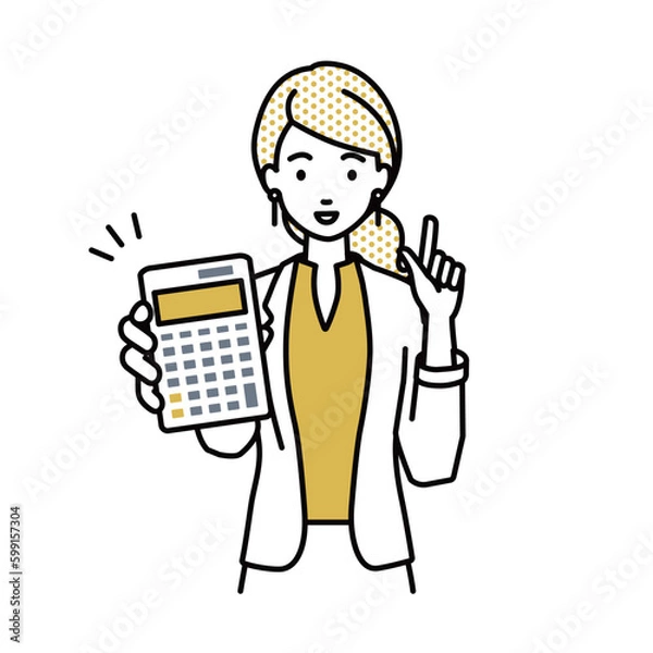 Fototapeta 立って電卓を指差してこちらに向けて見せているジャケットの女性