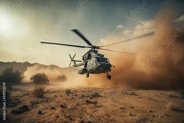 Fototapeta Takeoff of a military helicopter in the sands of the desert. Generative AI