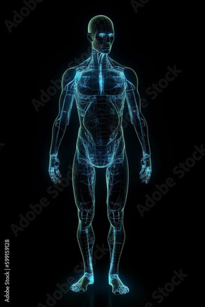 Fototapeta Human mannequin, male body basemesh, with glowing overlay structure. Generative AI