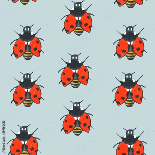 Fototapeta Seamless pattern with red ladybugs on blue background