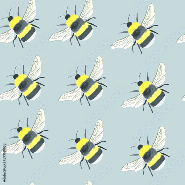 Fototapeta Seamless pattern with yellow bees on blue background