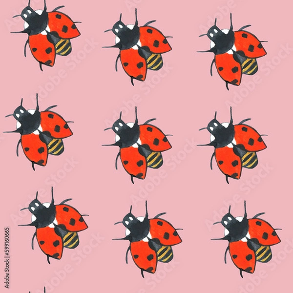 Fototapeta Seamless pattern with red ladybugs on pink background