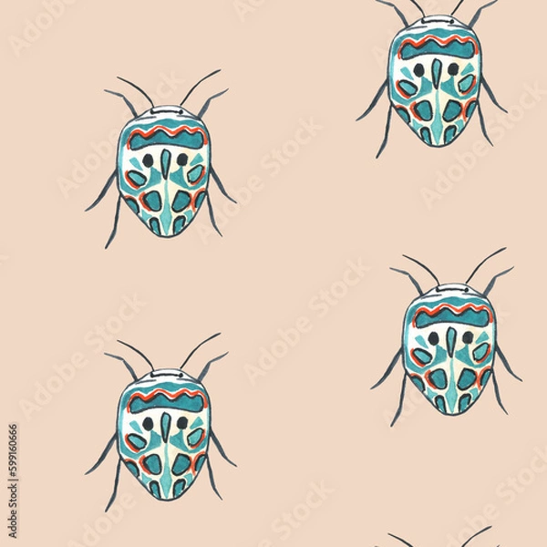 Fototapeta Seamless pattern with colorful bugs on beige background