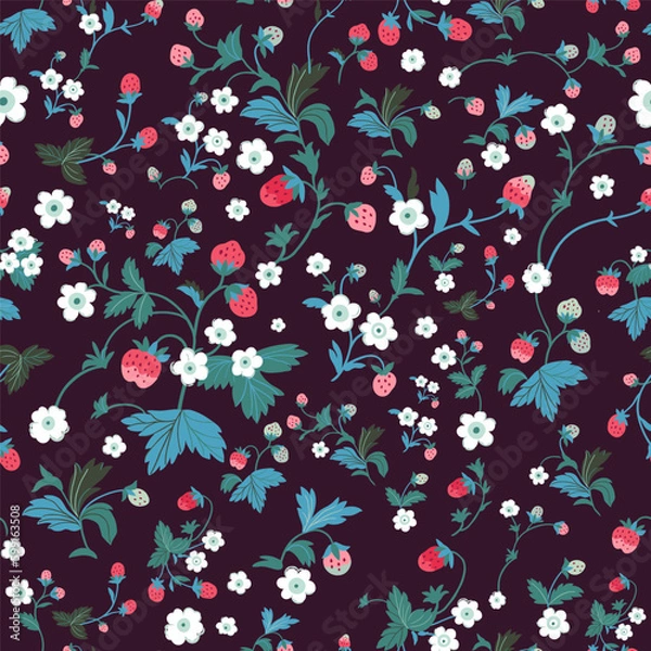 Fototapeta A pattern with flowers, berries and leaves of wild strawberries. Vector seamless texture illustration for summer cover, botanical wallpaper pattern, dark purple background.