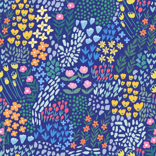 Fototapeta A pattern of abstract bright spring and summer flowers on a blue background.