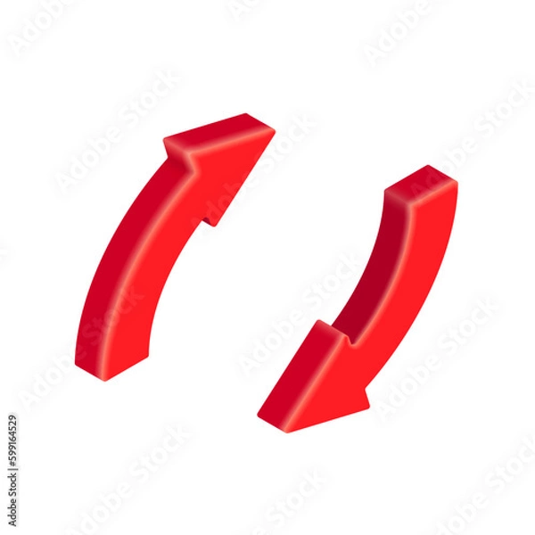 Fototapeta 3D red circle arrows. Vector isometric round reload, refresh arrow icon isolated on white background. 3D design element for app, web, advert.
