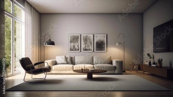 Fototapeta Modern minimalistic living room design. Generative AI