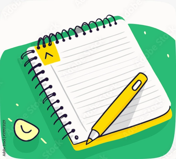 Fototapeta A note pad with colorful elements, a pencil, memo pad illustration set. diary, memo label, sticker, memo, pencil, spring note Vector drawing. Hand drawn