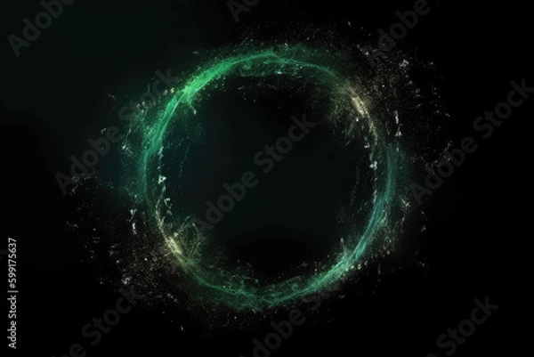 Fototapeta Glitter mist. Circle frame. Mystic vortex. Green color sparkling dust particles floating motion in round smoke swirl on dark black abstract reveal background