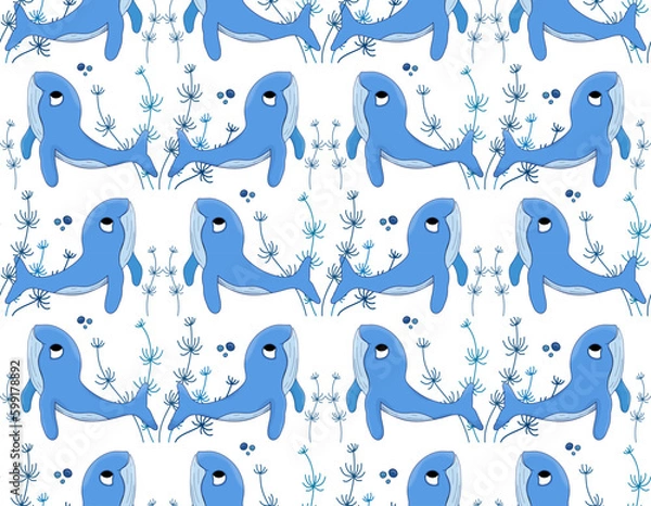Fototapeta Whale and seaweed seamless vector pattern. Sea inhabitants Marine life. Underwater animals.