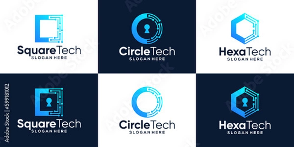 Fototapeta Collection of technology connection logo design with abstract dot, Blockchain, molecule and system and key hole graphic design vector illustration. Security technology symbol, icon, creative.