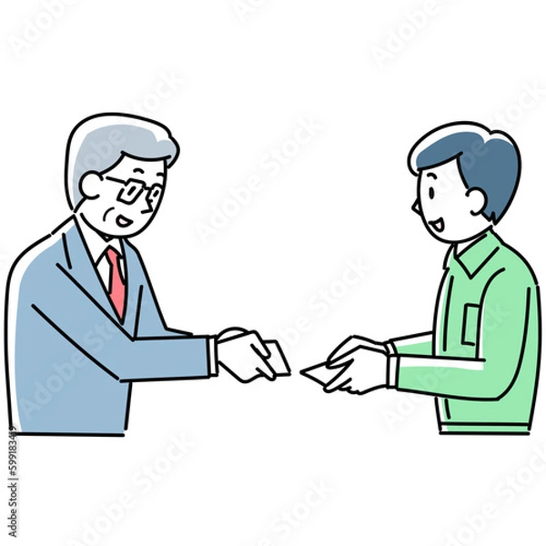 Fototapeta 名刺交換をする作業服の男性とスーツ姿の男性