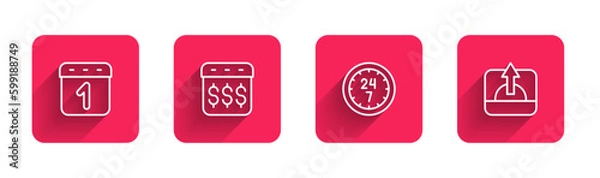 Fototapeta Set line Calendar, Payday, calendar with dollar, Clock 24 hours and Sunrise with long shadow. Red square button. Vector