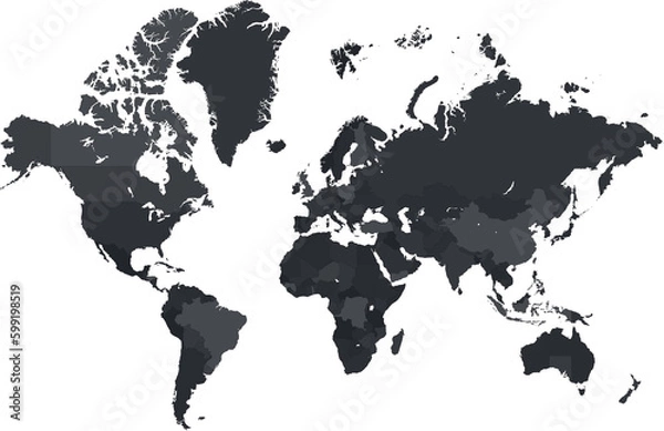 Fototapeta Dark grayscale highly detailed world map on transparent background