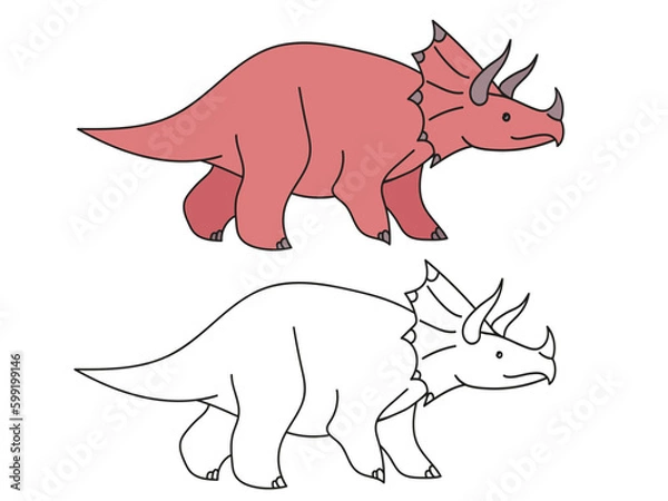 Fototapeta vector children's illustration dinosaur, coloring book page  coloring and black and white version of a red dinosaur Triceratops