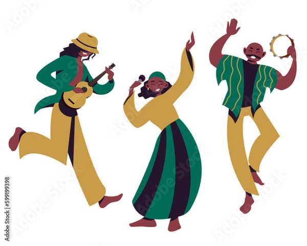 Fototapeta 
vector illustration set of dancing and singing people in colorful outfits with musical instruments, a girl with a microphone, a man in a hat with a guitar and a bald man with a tamborine