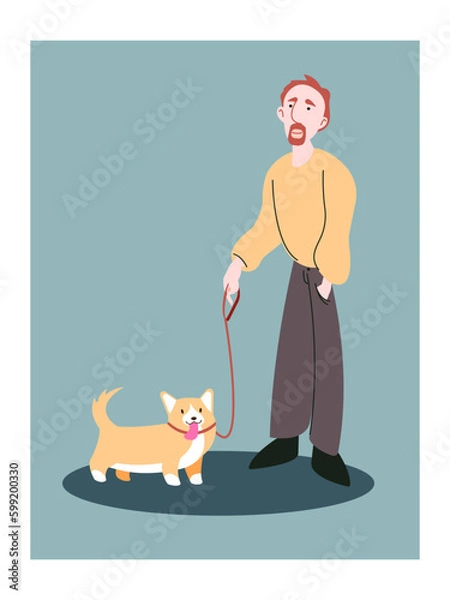 Fototapeta vector cute color illustration of a man with a corgi dog on a leash, decorative picture for cards, a man with a pet