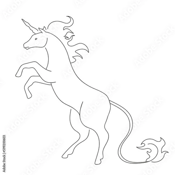 Fototapeta vector illustration of a unicorn on its hind legs with a long horn and a long tail with a tassel, black and white lin magical mythical horse 