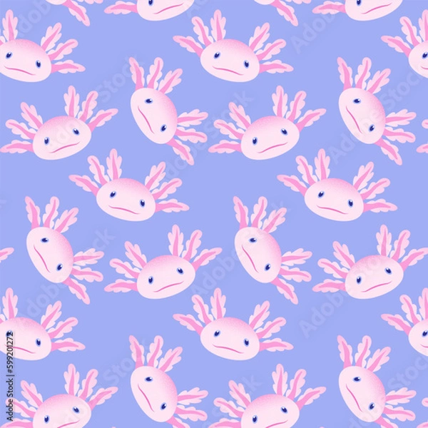 Fototapeta vector bright background for wrapping paper with pattern of cute faces of an axolotl, pink smiling cartoon animal heads amphibian alien for kids