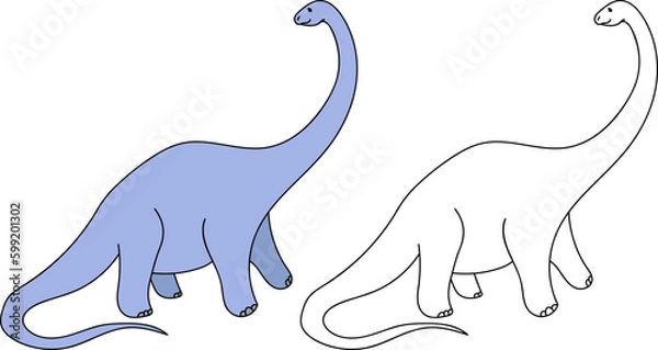 Fototapeta vector children's illustration dinosaur, coloring book page  coloring and black and white version of a dinosaur with a long neck, blue brontosaurus