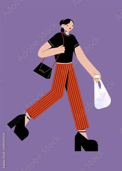 Fototapeta vector flat color illustration stylized girl in striped pants walking with a bag and purse in his hands, a simple anatomy in geometric shapes