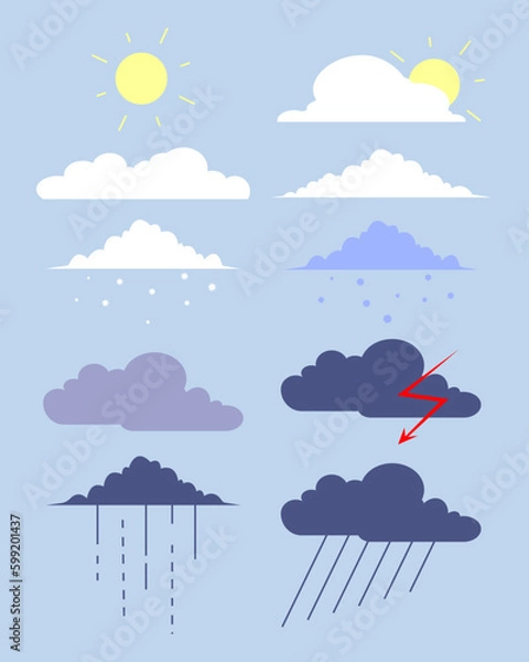 Fototapeta vector set of colored flat weather symbols, sun, clouds of different shapes and lightning to indicate meteorological phenomena for forecast
