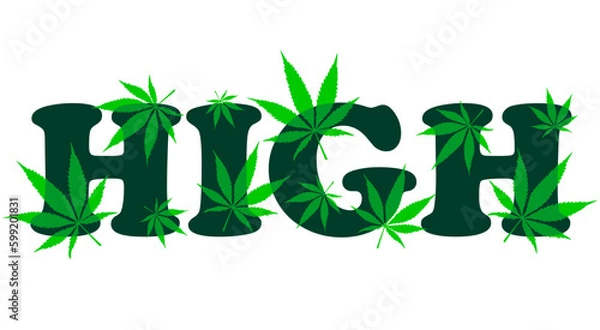 Fototapeta vector decorative green lettering high with cannabis leaves pattern, marijuana, logo for weed lovers